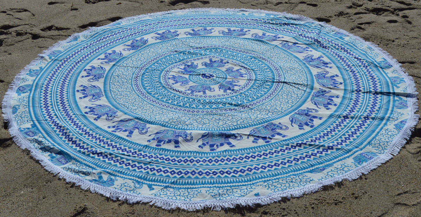 Round Beach Blanket- Teal Elephants