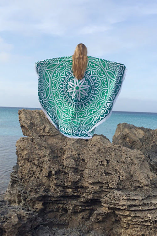 Round Beach Blanket- Aqua / Green Hearts & Lotus