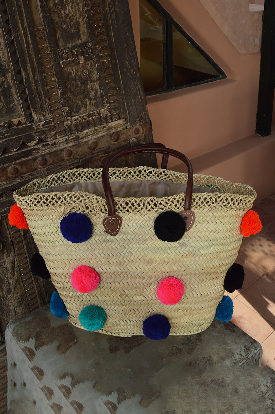 Handmade Moroccan Beach Bag - Multi-Colored Pom Pom