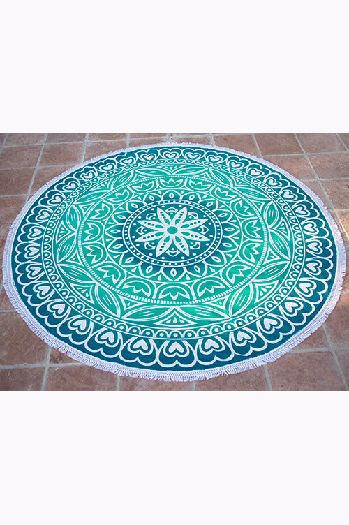 Round Beach Blanket- Aqua / Green Hearts & Lotus