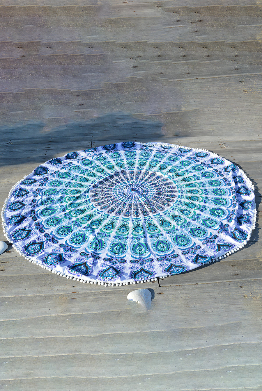 Round Beach Blanket- Aqua Green / White