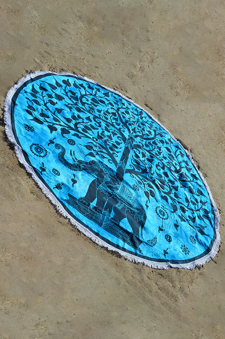 Round Beach Blanket- Blue Tie Dye Elephant