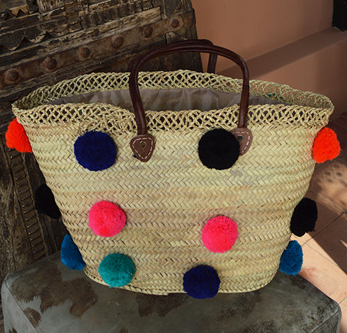 Handmade Moroccan Beach Bag - Multi-Colored Pom Pom
