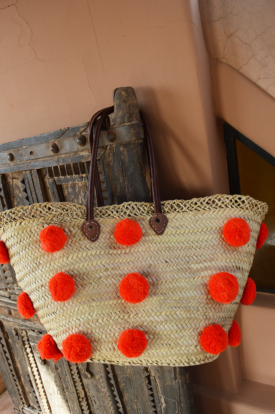 Handmade Moroccan Beach Bag Orange Pom Pom
