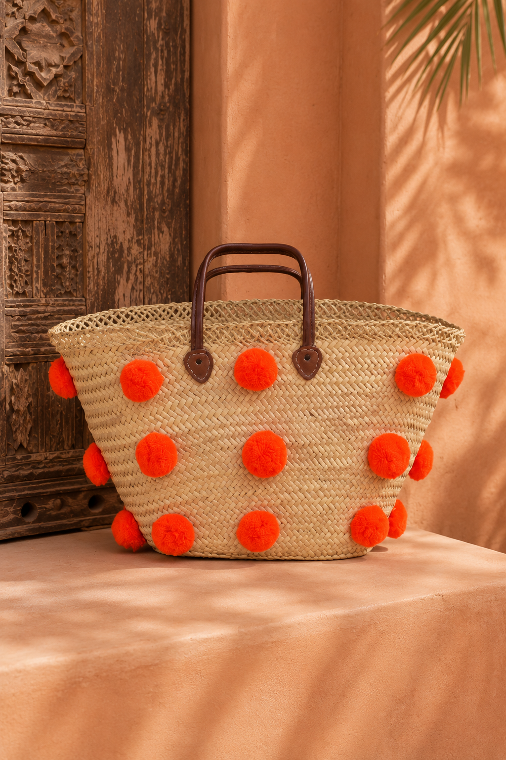 Handmade Moroccan Beach Bag - Orange Pom Pom
