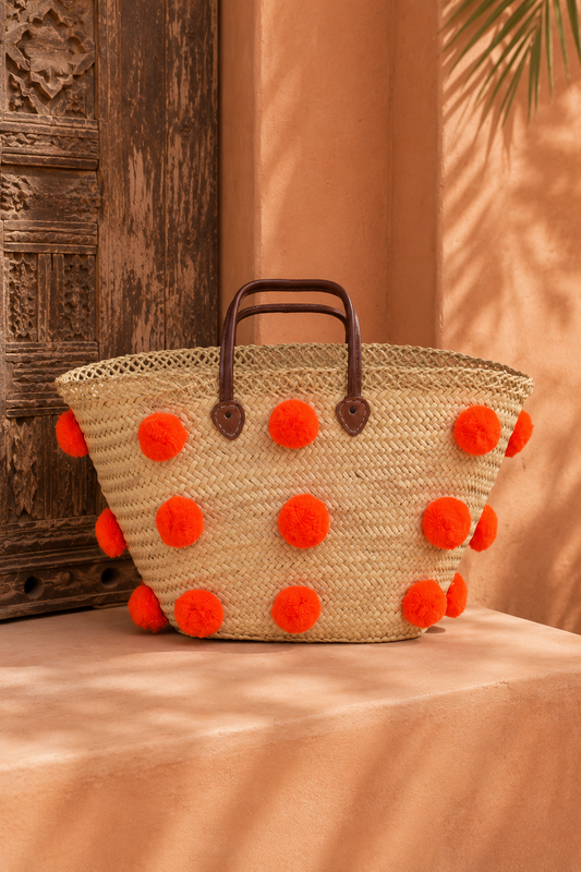 Handmade Moroccan Beach Bag - Orange Pom Pom