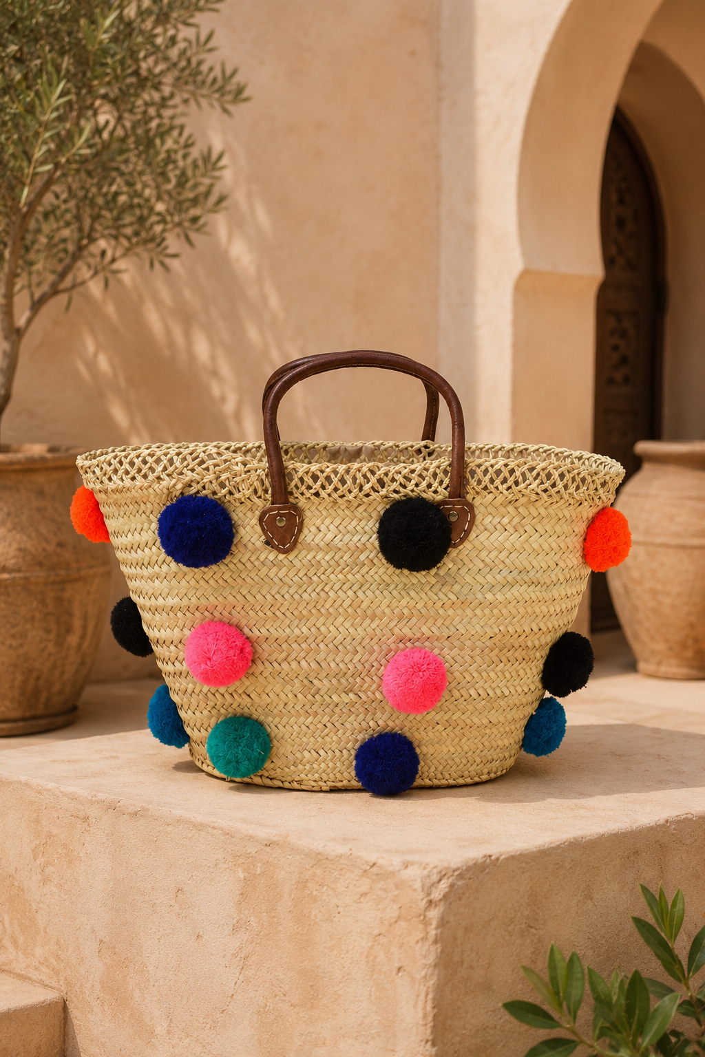 Handmade Moroccan Beach Bag - Multi-Colored Pom Pom