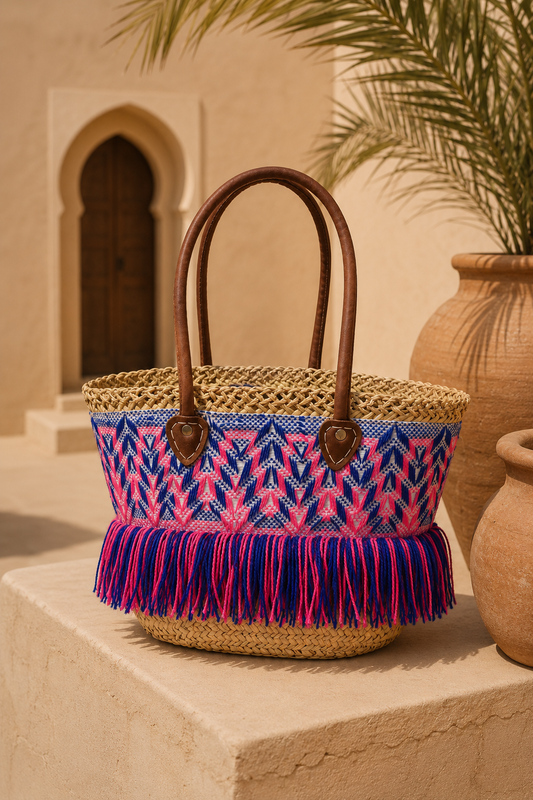 Handmade Moroccan Beach Bag - Deep Blue/Hot pink