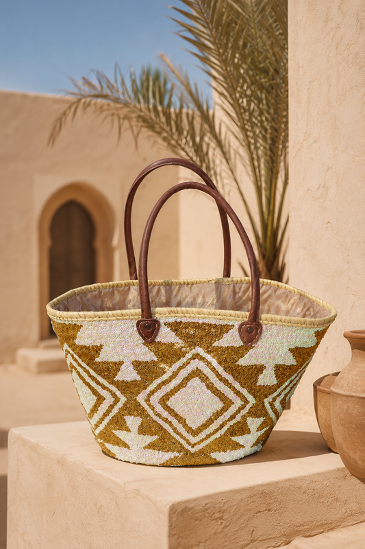 Handmade Moroccan Beach Bag - Gold/White sequined
