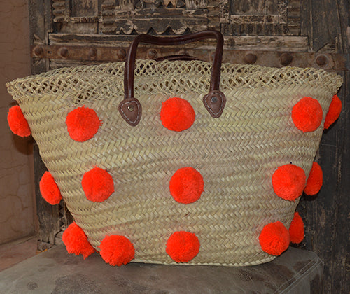 Handmade Moroccan Beach Bag - Orange Pom Pom – Malibutique