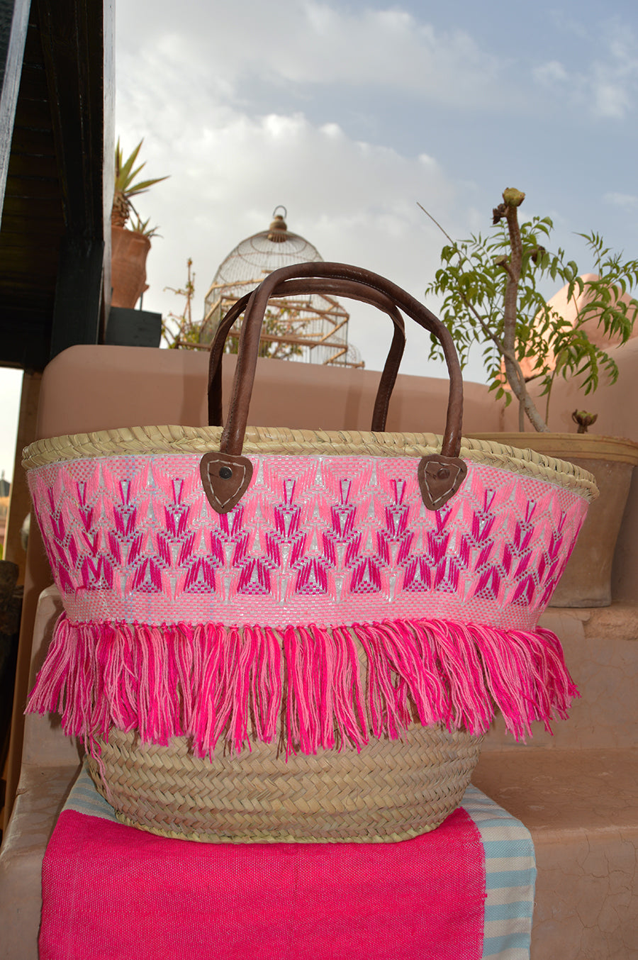 Handmade Moroccan Beach Bag - Pink Missoni Tassels